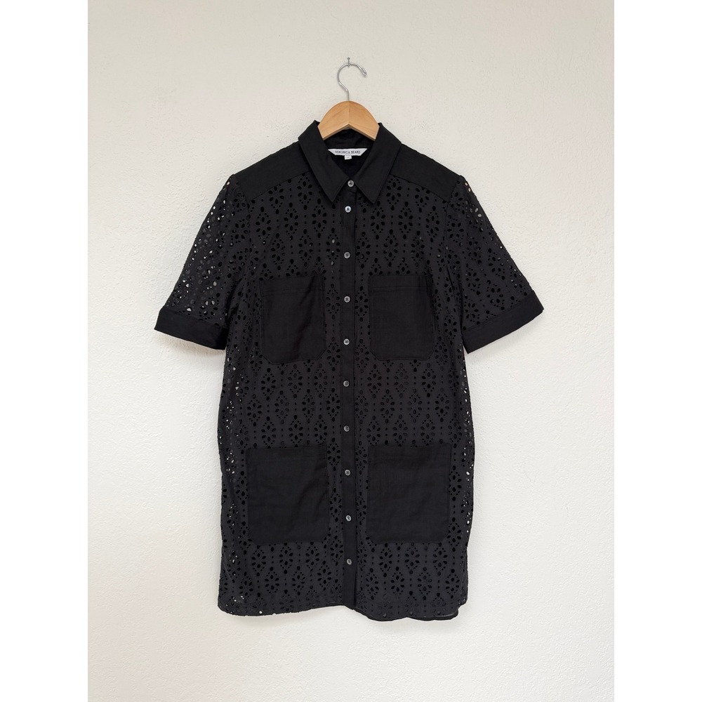 Veronica Beard Rafaela Black Eyelet Linen Mix Button Front Shirt Dress Size 10